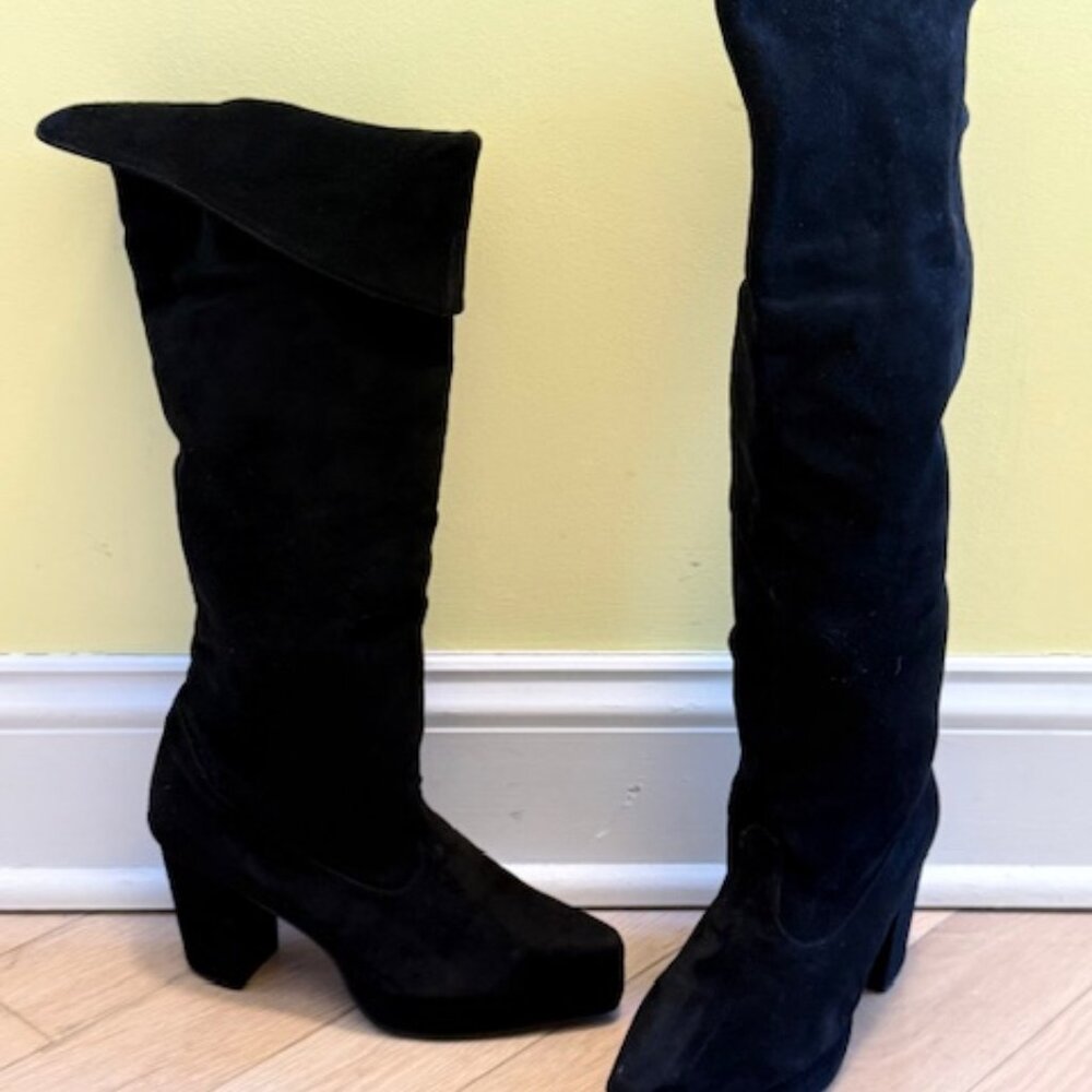 black suede over the knee boots with 3.5 inch heel and 1 inch platform.